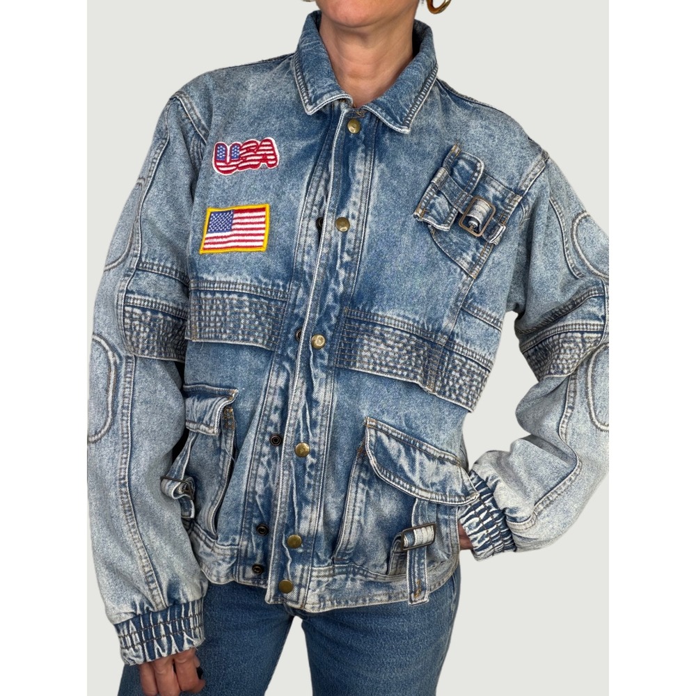 Vintage 80s Acid Wash Racing Denim Jean Jacket Snap Front USA Patches Streetwear